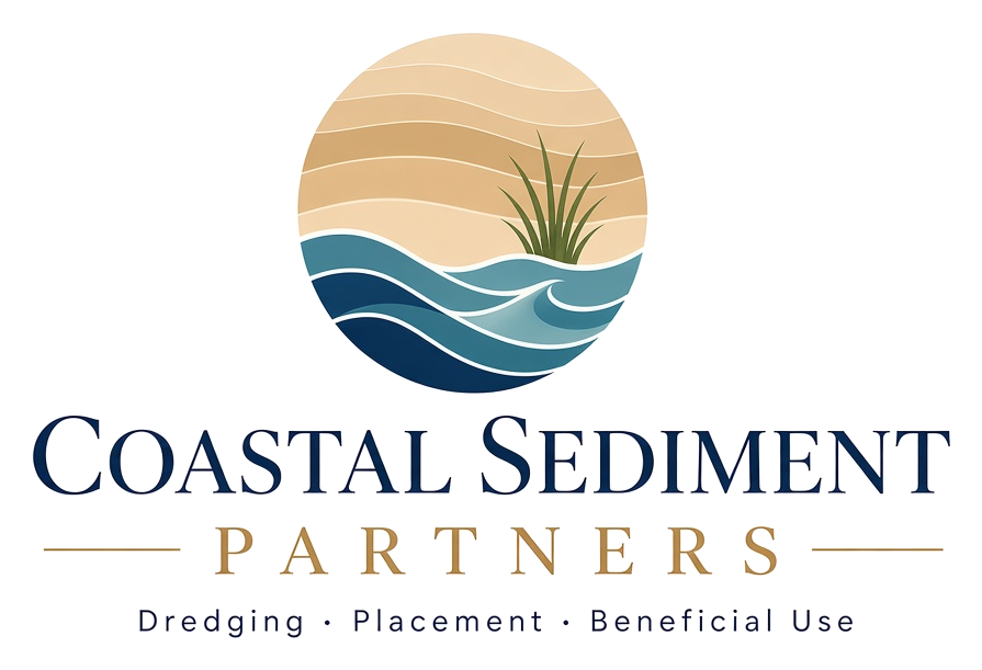 Coastal Sediment Partners logo: layered sand over ocean waves with a sprig of marsh grass, and the tagline Dredging, Placement, Beneficial Use.